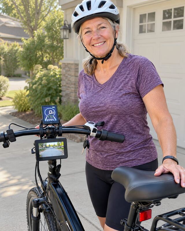 Rider in a helmet standing beside her e-bike, the handlebar display showing the street behind her